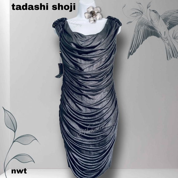 Tadashi Shoji Stunning Ruuched Grey Silver Draped Prom Evening